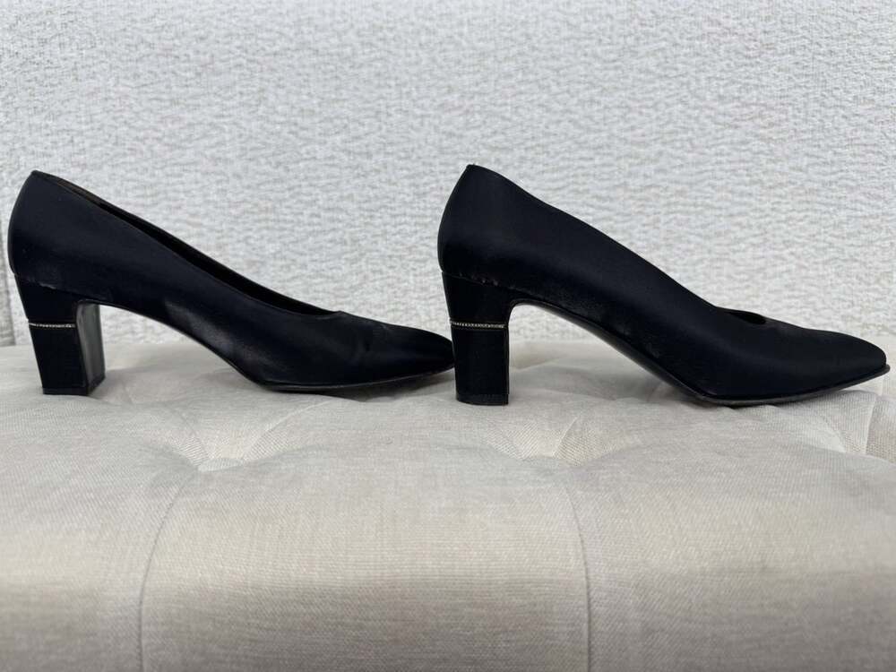 Salvatore Ferragamo 1990s Vintage Black Satin Pumps with Rhinestone Heel Trim S7 - Picture 6 of 15